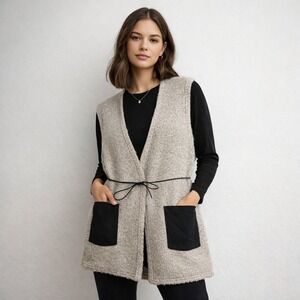 LL Bean Signature Womens Knit Vest Cardigan Size Small Tie Waist Wool Blend